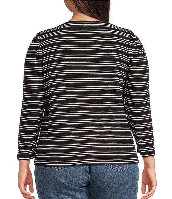 Democracy Plus Size Knit Stripe Lace up Yoke Detail Scoop Neck 3/4 Sleeve Top Product Image