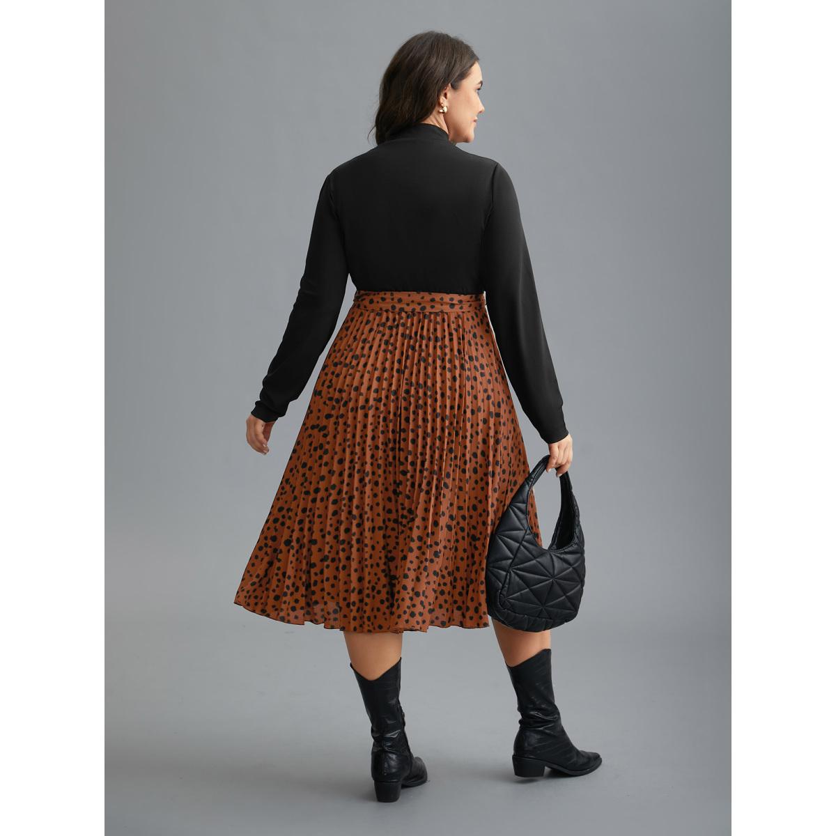 Plus Size Leopard Print Pleated Mock Neck Midi Dress Russet Women At the Office Belted Mock Neck Long Sleeve Curvy BloomChic 14-16/1X Product Image