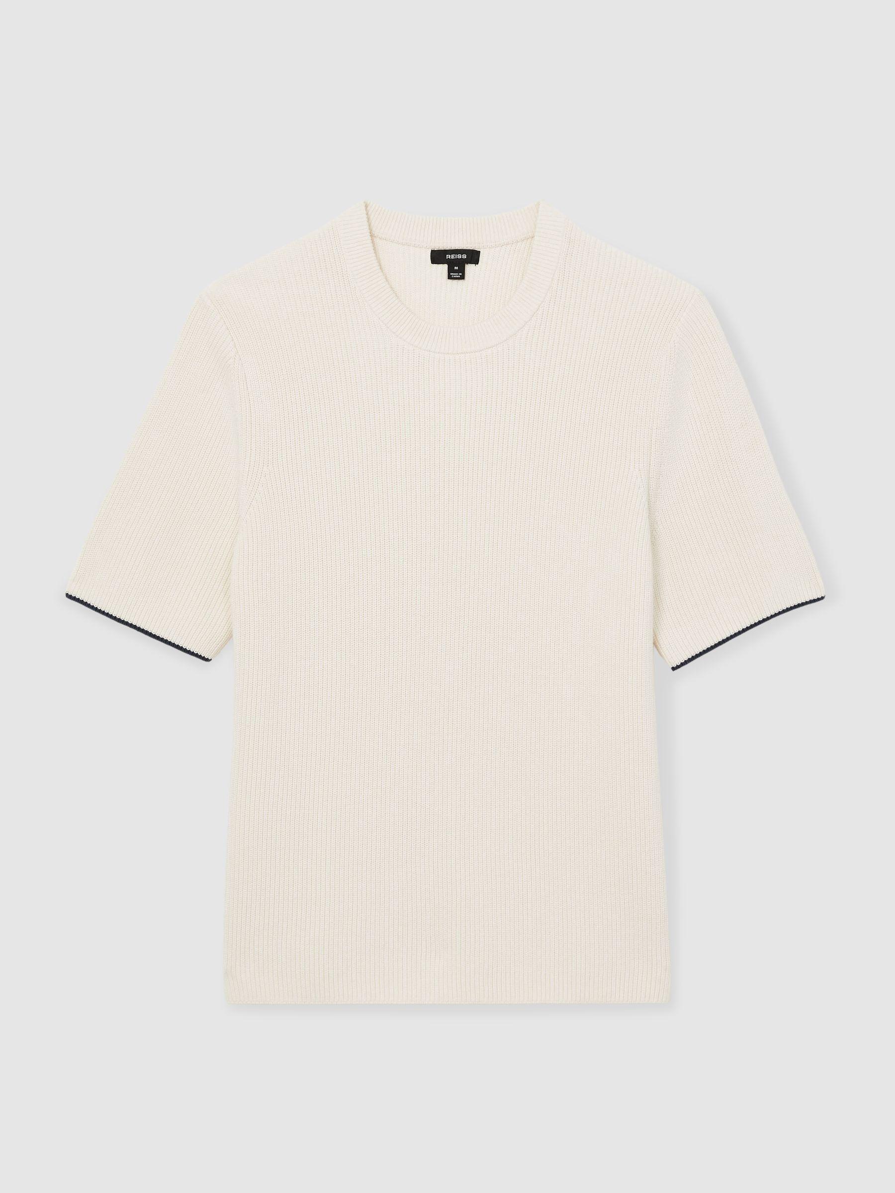 Rib Knit Tipped T-Shirt in Off White/Navy Product Image