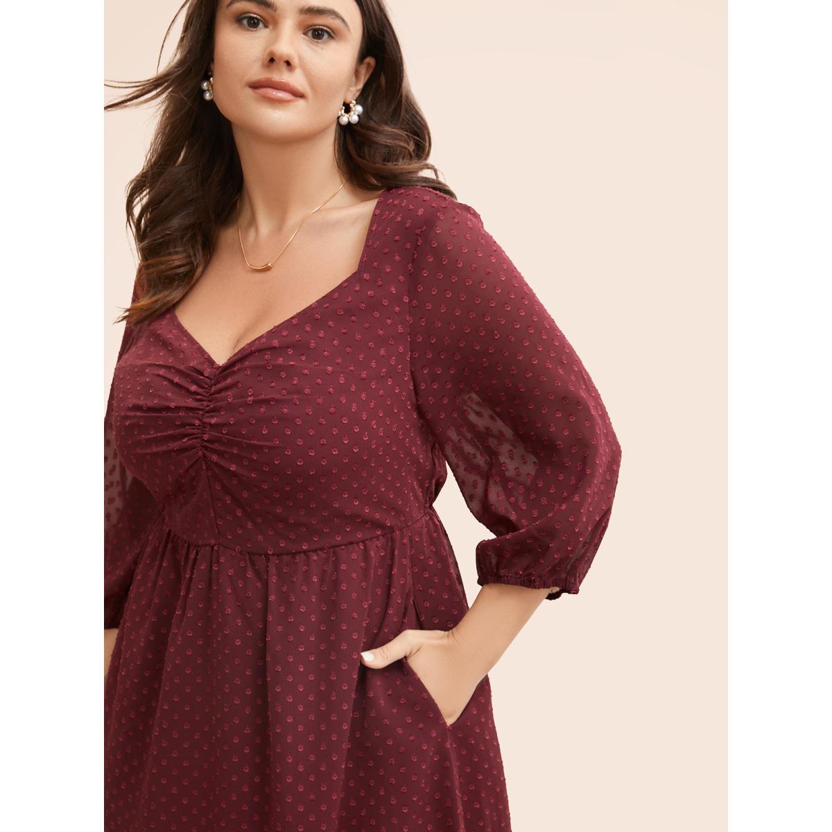 Plus Size Plain Textured Ruched Lantern Sleeve Dress Scarlet Women Elegant Heart neckline Elbow-length sleeve Curvy BloomChic 26/4X Product Image