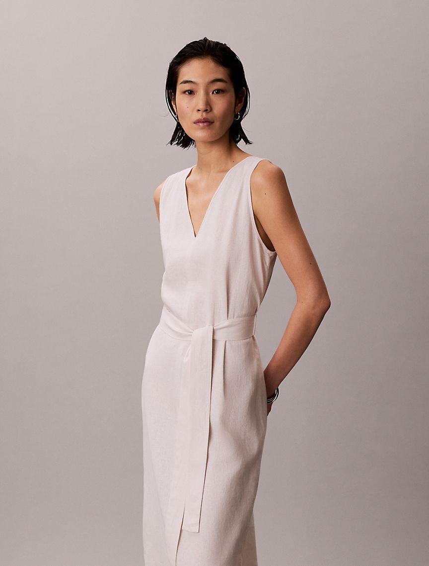 Linen Blend V-Neck Sleeveless Belted Dress Product Image