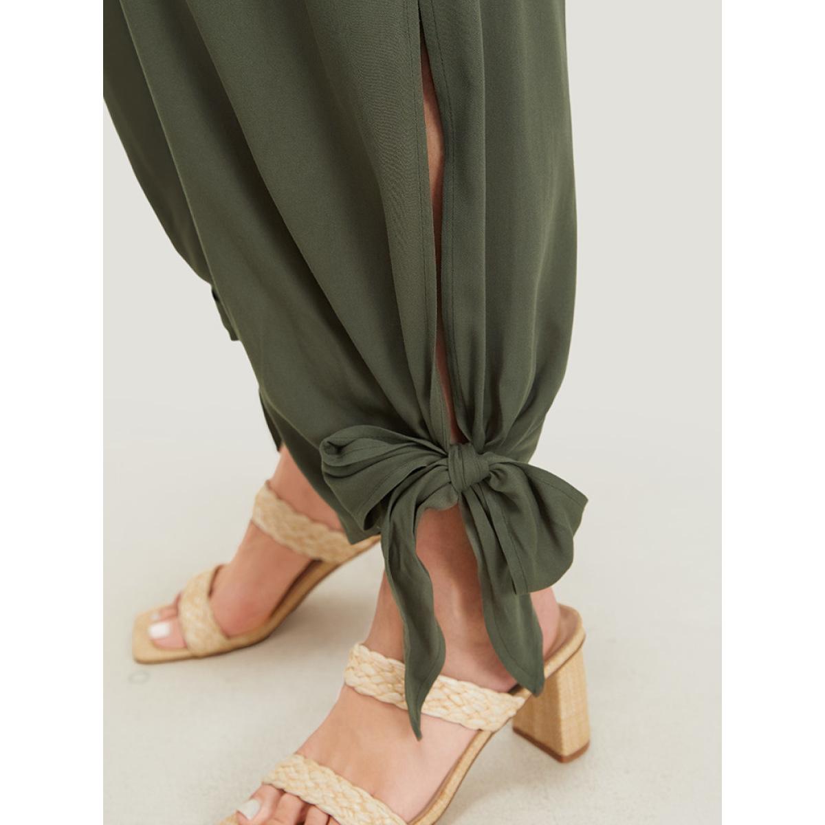 Plus Size ArmyGreen Plain Pocket Wrap Cut Out Knotted Hem Jumpsuit Women Office Short sleeve V-neck Office Loose Jumpsuits BloomChic 22-24/3X Product Image