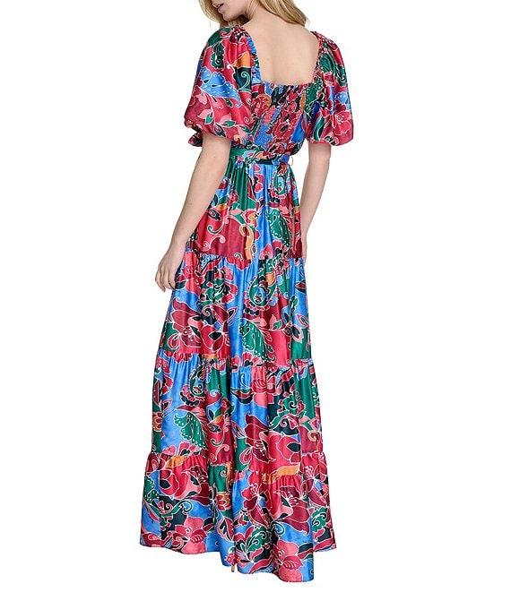Eliza J Square Neck Short Puffed Sleeve Crepe Satin A-Line Tiered Maxi Dress Product Image