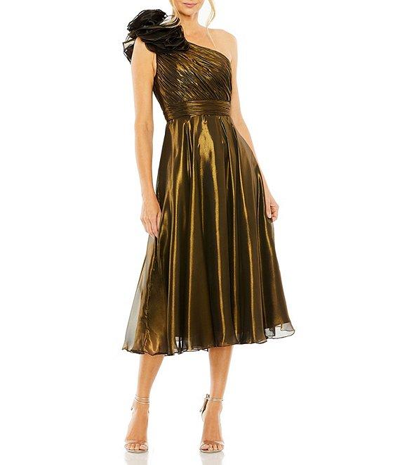 Mac Duggal Ruffle One Shoulder Shimmer Organza Midi Dress Product Image