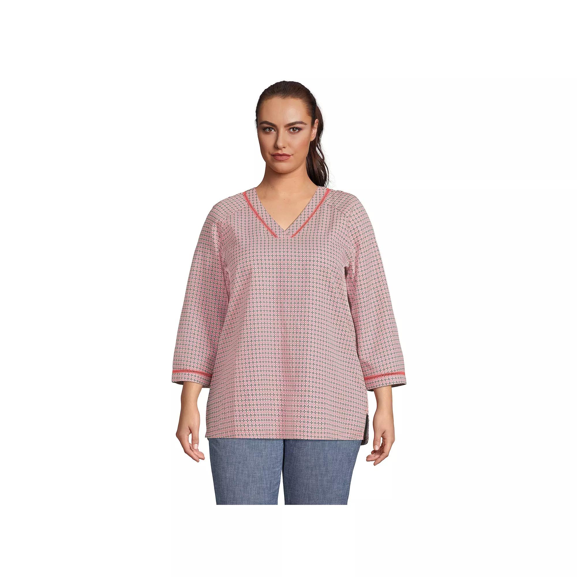 Plus Size Lands' End 3/4 Sleeve V Neck Tunic Top, Women's, Size: 1XL, Wood Lily Tile Geo Product Image