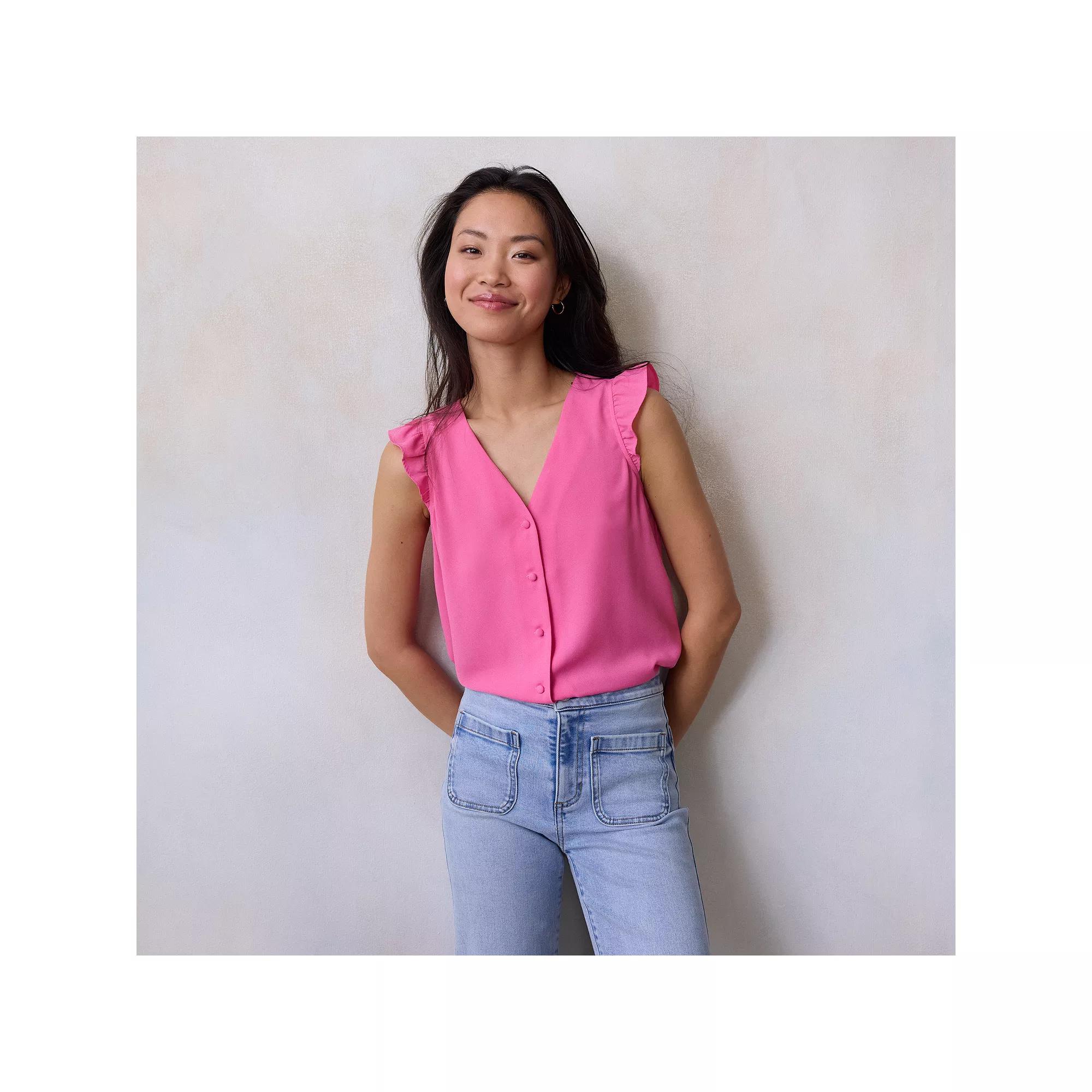 Women's LC Lauren Conrad Ruffle Shoulder V-Neck Tank, Size: Small, Seattle Blue Product Image