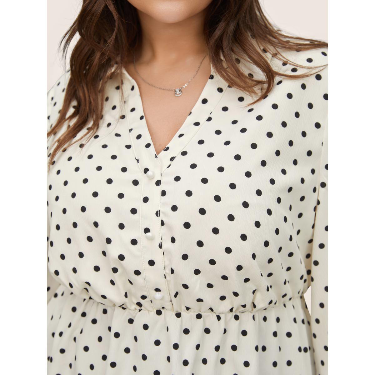 Plus Size Ivory Polka Dot Button Detail Arc Hem Blouse Women At the Office Elbow-length sleeve Shirt collar Work Blouses BloomChic 18-20/2X Product Image