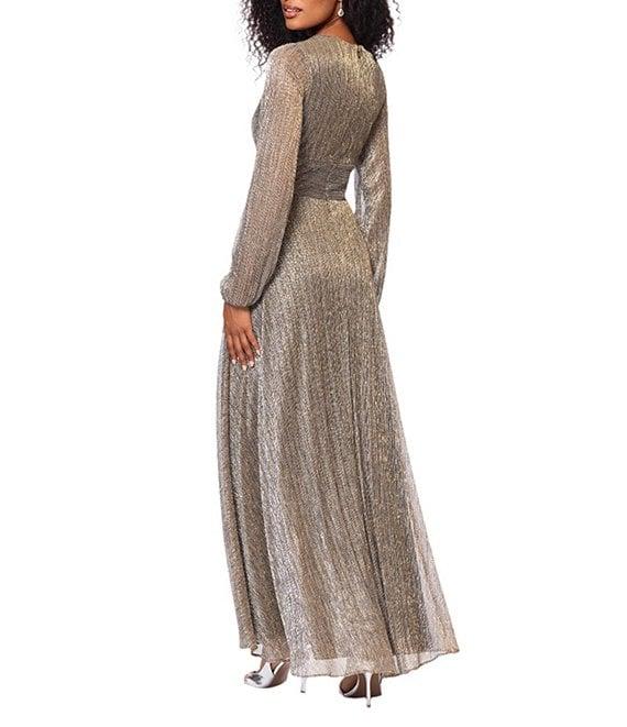 Betsy & Adam Metallic Crinkle V-Neck Long Sleeve Wrap Bodice Gown Product Image