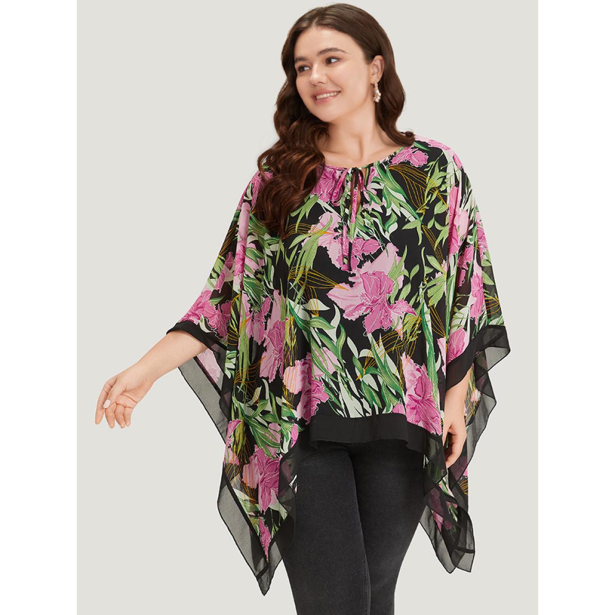 Plus Size Multicolor Floral Ties Batwing Sleeve Hanky Hem Layered Blouse Women Glamour Elbow-length sleeve Tie Neck Going out Blouses BloomChic 10/M Product Image