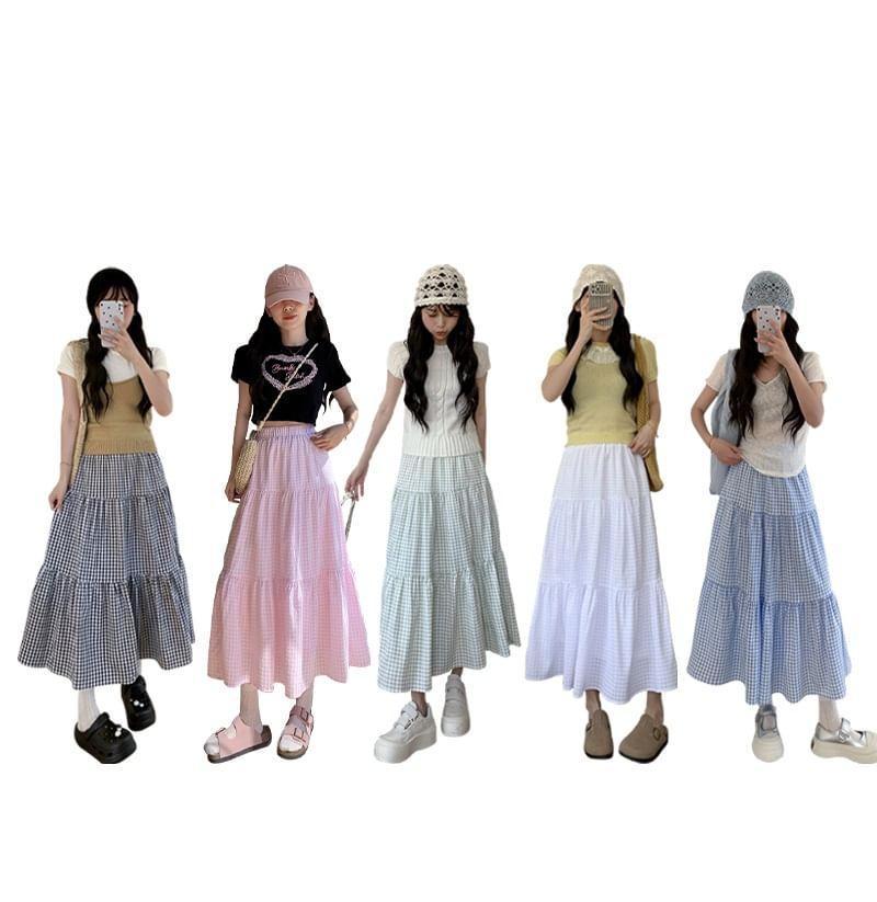 High Rise Plaid Midi A-Line Skirt Product Image