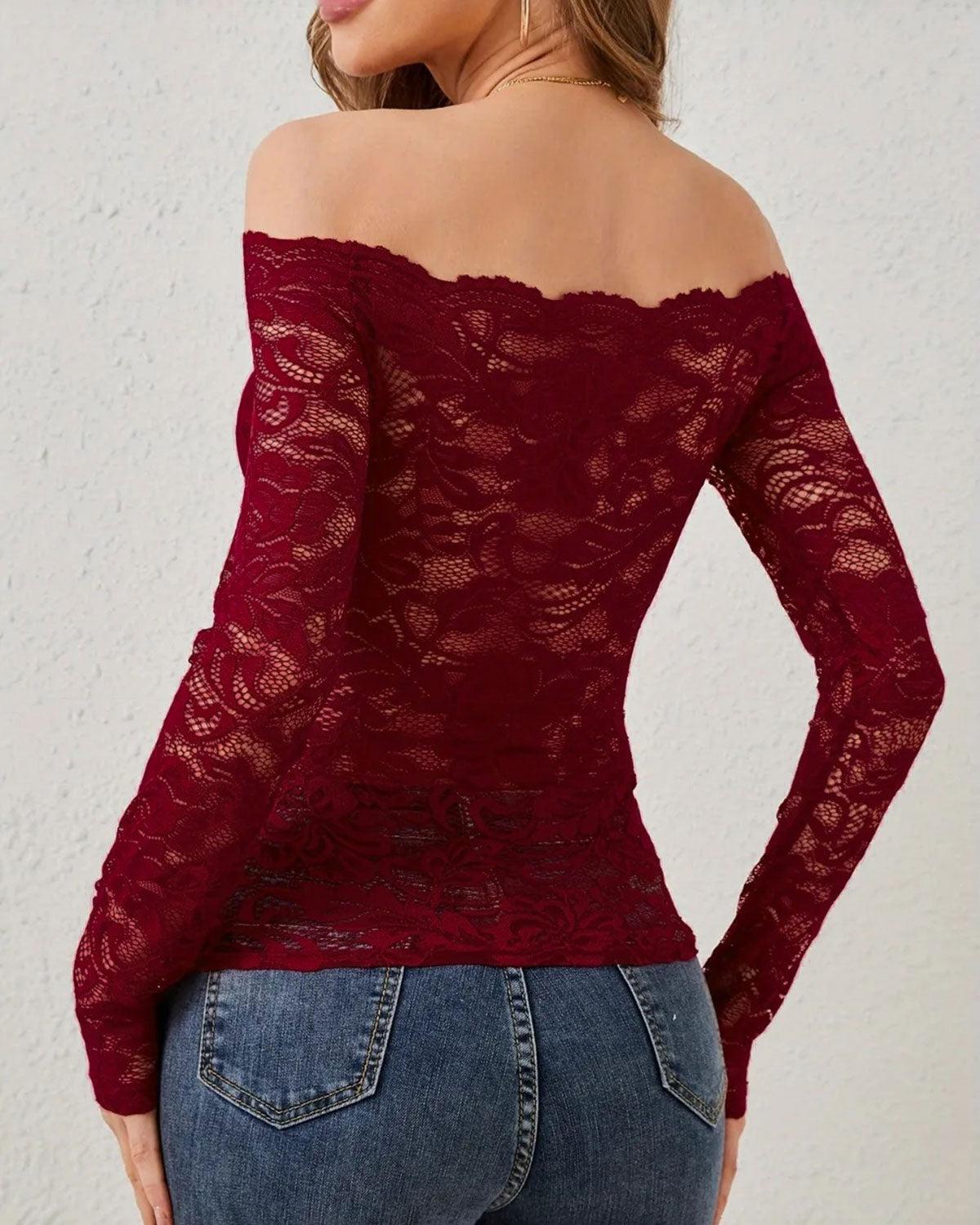 Red Floral Off The Shoulder Slim Tee Product Image