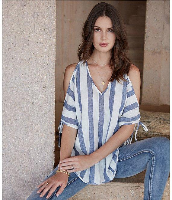 Karen Kane Linen Striped Cold Shoulder V-Neck Short Sleeve Top Product Image
