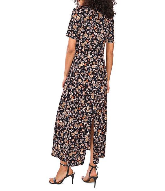 Vince Camuto Woven Floral Print Round Neck 3/4 Sleeve Maxi A-Line Dress Product Image