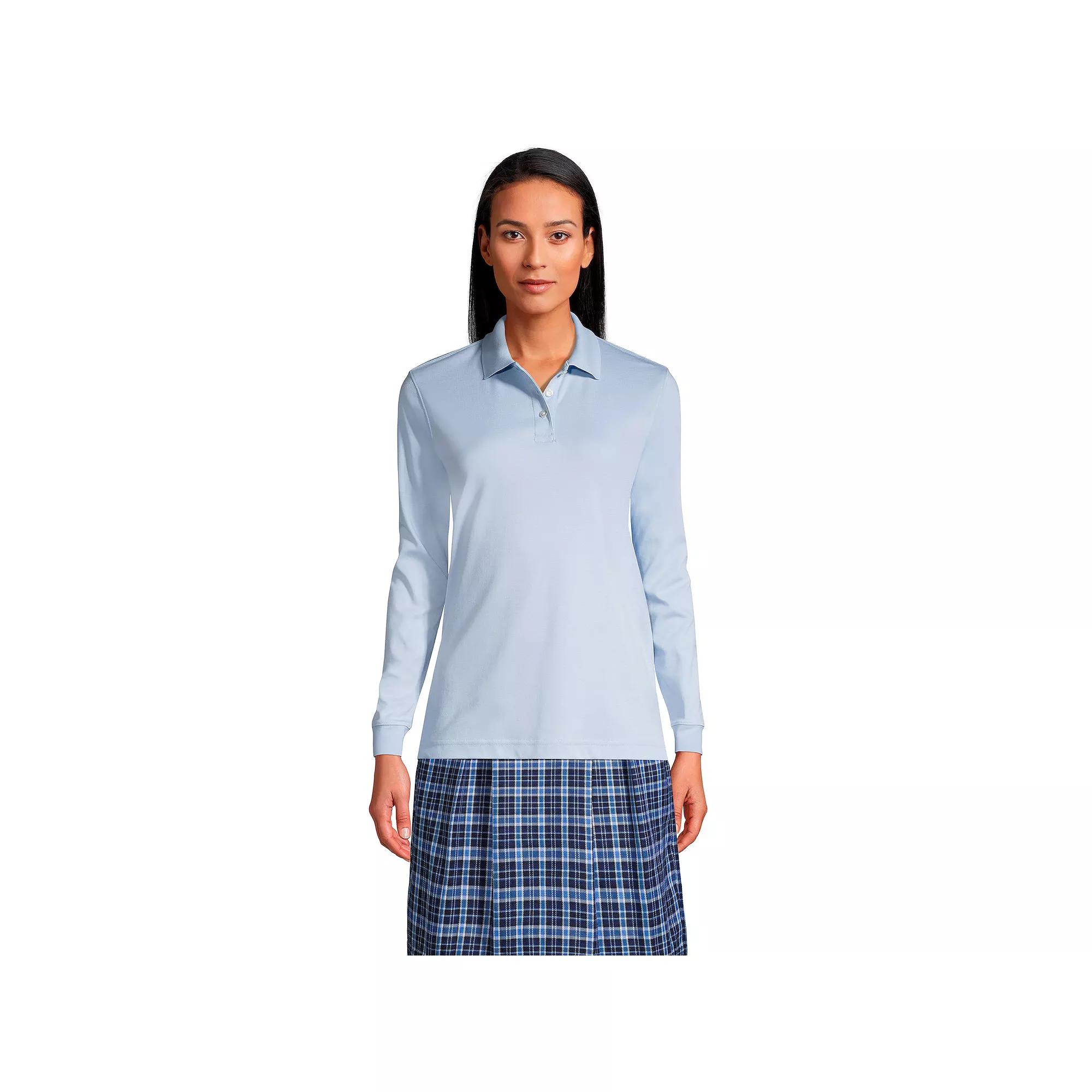 Women's Lands' End School Uniform Long Sleeve 3-Button Interlock Polo Shirt,  Product Image