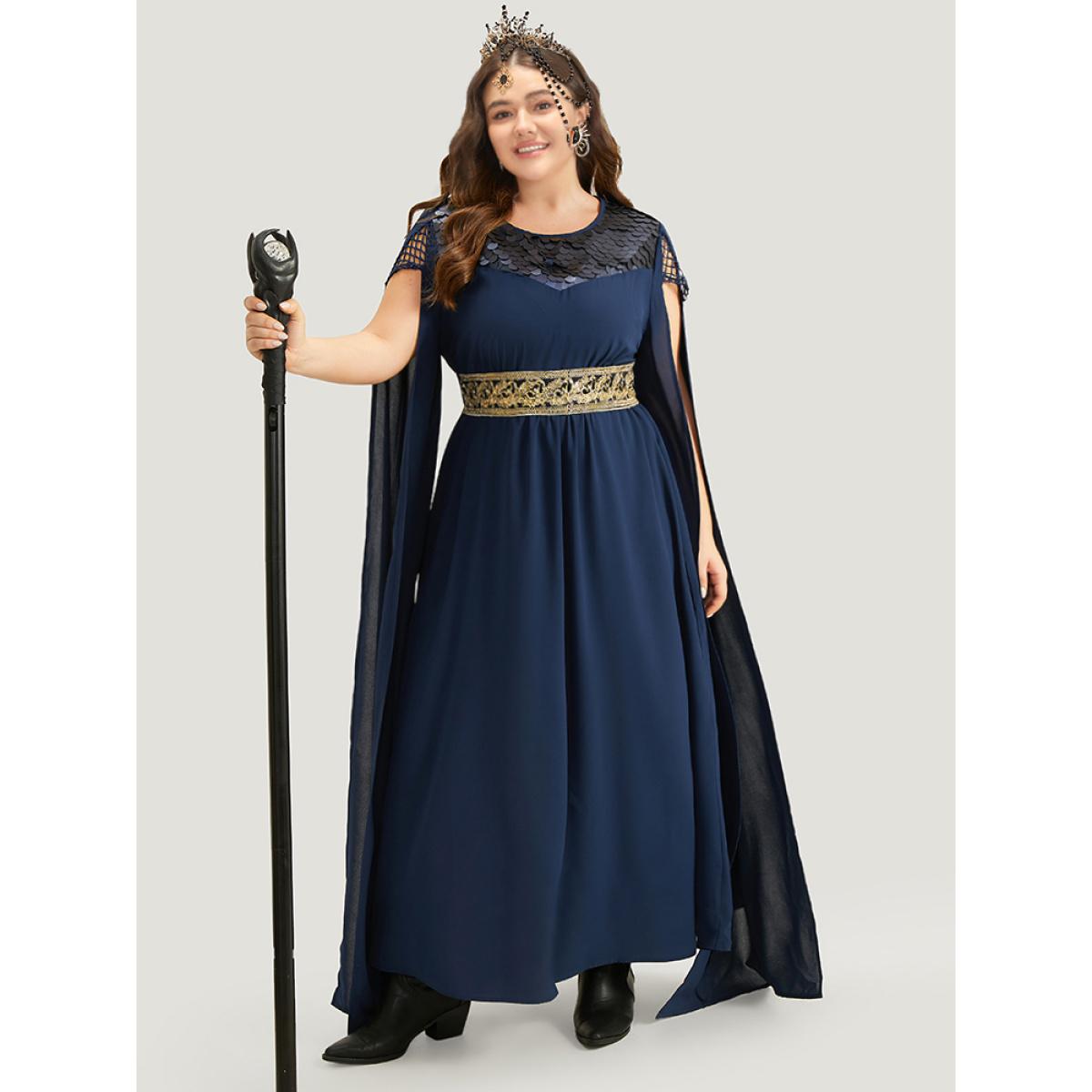 Plus Size Halloween Sequin Detail Embroidered Cut Out Dress DarkBlue Women Elegant Patchwork Round Neck Sleeveless Curvy Long Dress BloomChic 14-16/1X Product Image