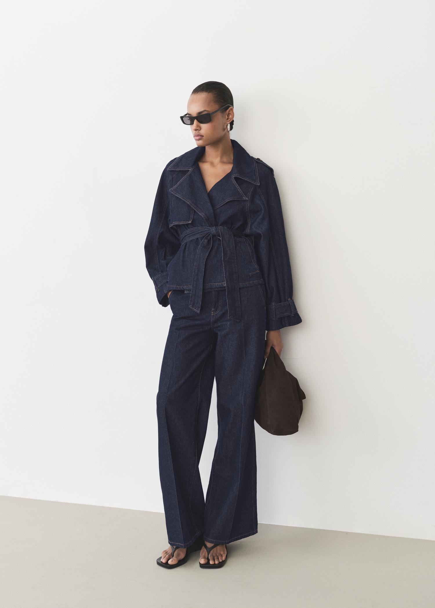 Short denim trench coat with belt - Women | MANGO USA Product Image