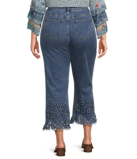 John Mark Plus Size Floral Embroidery Beaded Fringe Hem Ankle Jeans Product Image