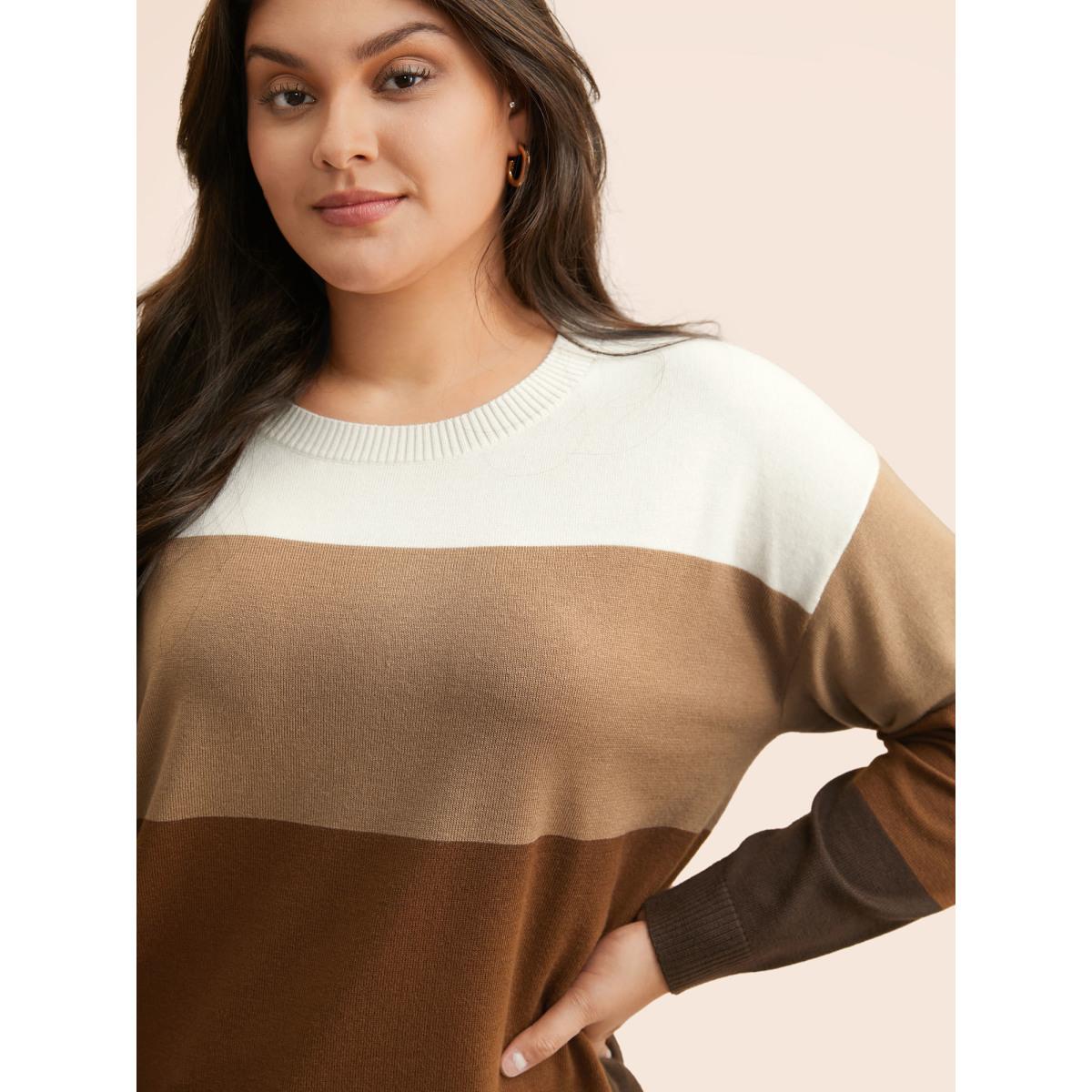 Plus Size Supersoft Essentials Colorblock Contrast Drop Shoulder Pullover Browncoffeecolor Women Casual Loose Long Sleeve Round Neck Everyday Pullovers BloomChic 28/5X Product Image