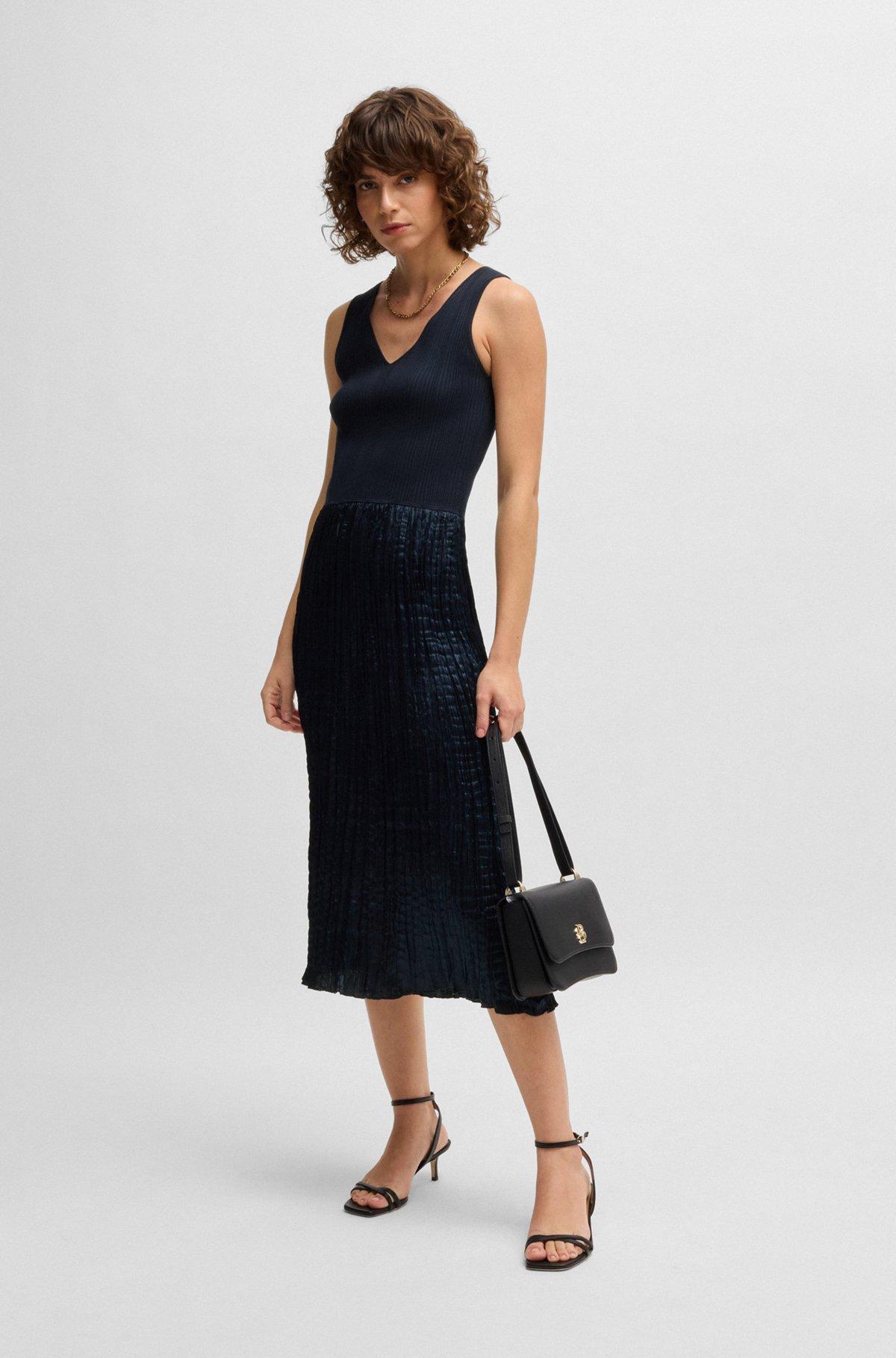 BOSS - Knitted dress with lustrous structured skirt - Dark Blue Product Image