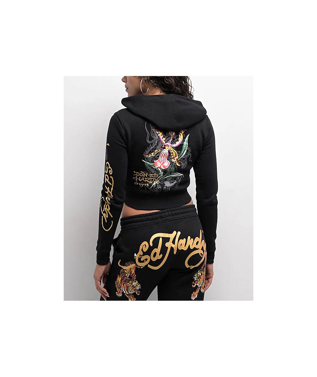 Ed Hardy Tigers Orchid Black Crop Zip Hoodie Product Image