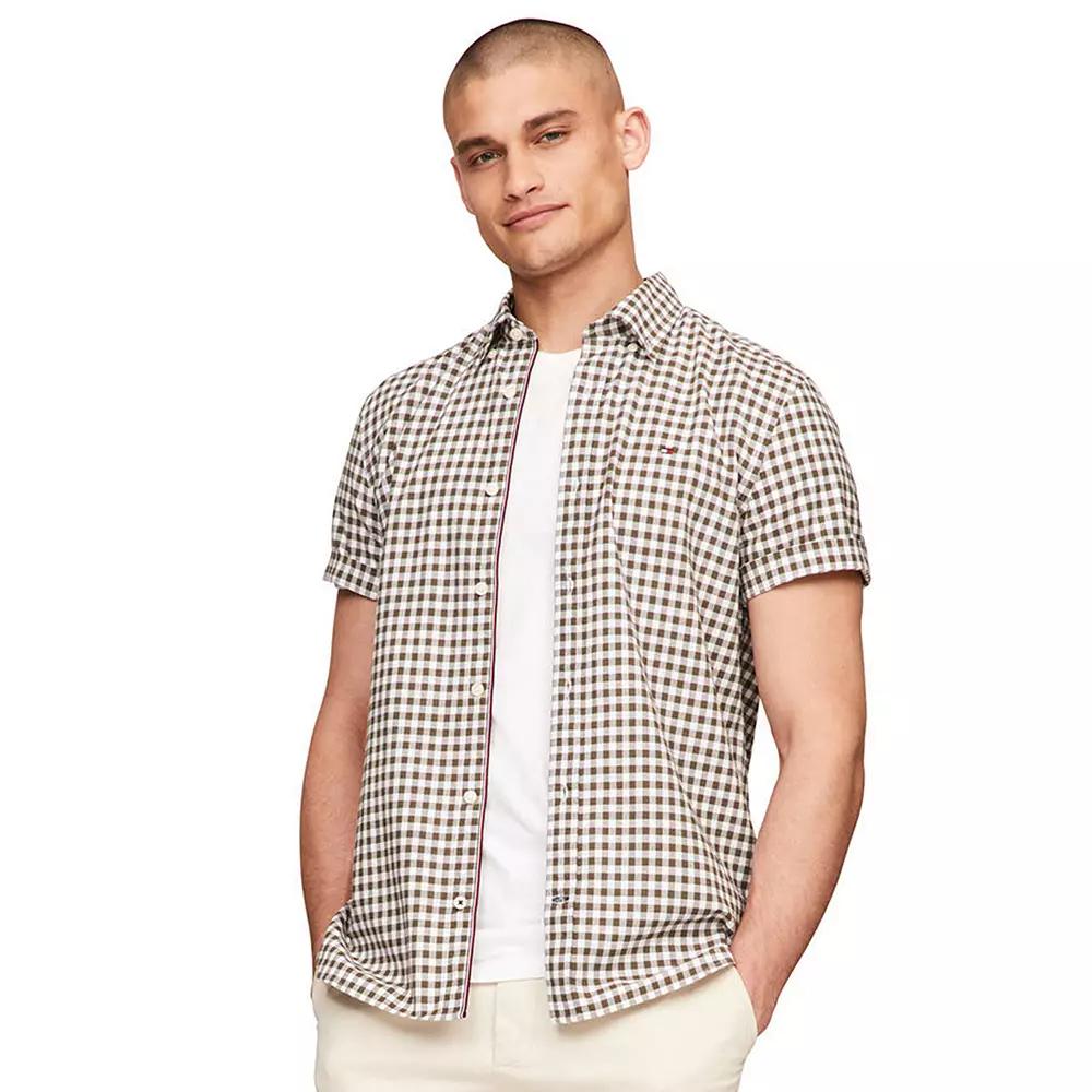 Men's Tommy Hilfiger Stretch Oxford Short Sleeve Shirt, Size: Small, Green Check Product Image
