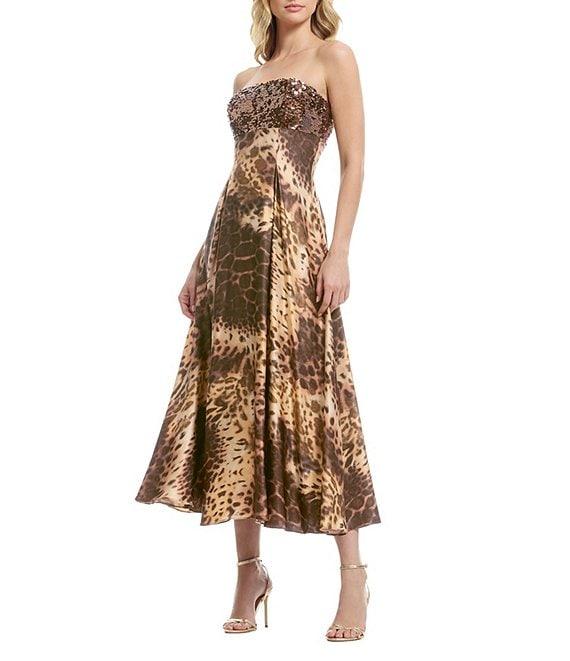 Dress the Population Miranda Strapless Sequin Animal Print Empire Waist Tea Length Dress Product Image