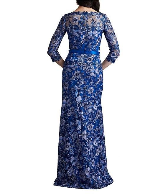 Tadashi Shoji Illusion 3/4 Sleeve Two Tone Embroidered Lace A-Line Gown Product Image
