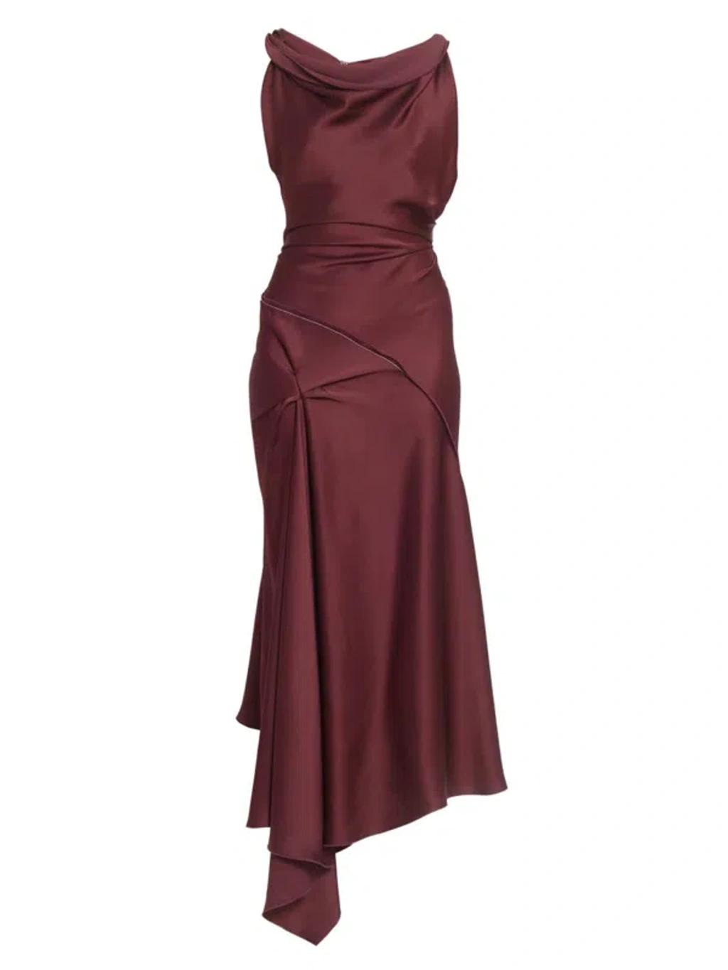 VICTORIA BECKHAM Asymmetric Draped Sleeveless Satin Midi Dress In Burgundy Product Image