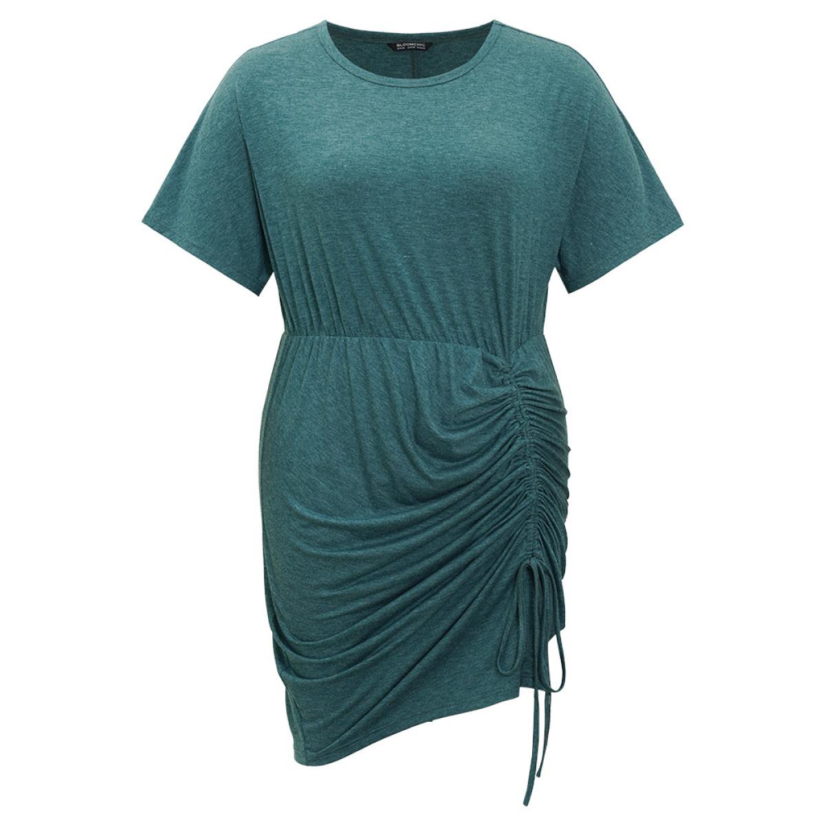 Plus Size Solid Ruched Drawstring Hem Bodycon Dress Cyan Women Elegant Ruched Round Neck Short sleeve Curvy Short Dress BloomChic 12/L Product Image