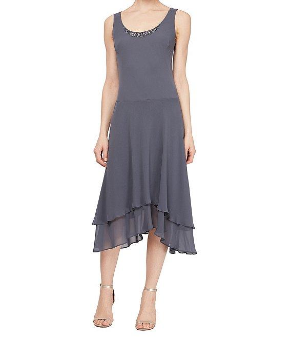 Ignite Evenings Sequined Shoulder Scoop Neck Tiered 2-Piece Midi Jacket Dress Product Image