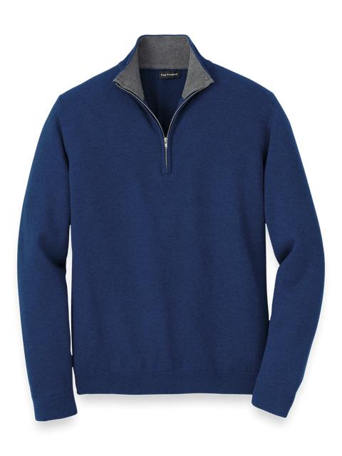 Supima Cotton Quarter Zip Mock Neck Sweater - Dark Blue Product Image