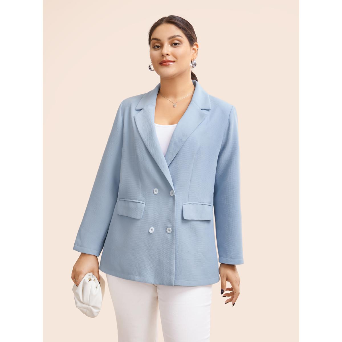 Plus Size Suit Collar Flap Pocket Back Slit Blazer LightBlue Women Everyday Button Sleeve Elbow-length sleeve Suit Collar 12/L Open pocket with flap Elegant Blazers BloomChic Product Image