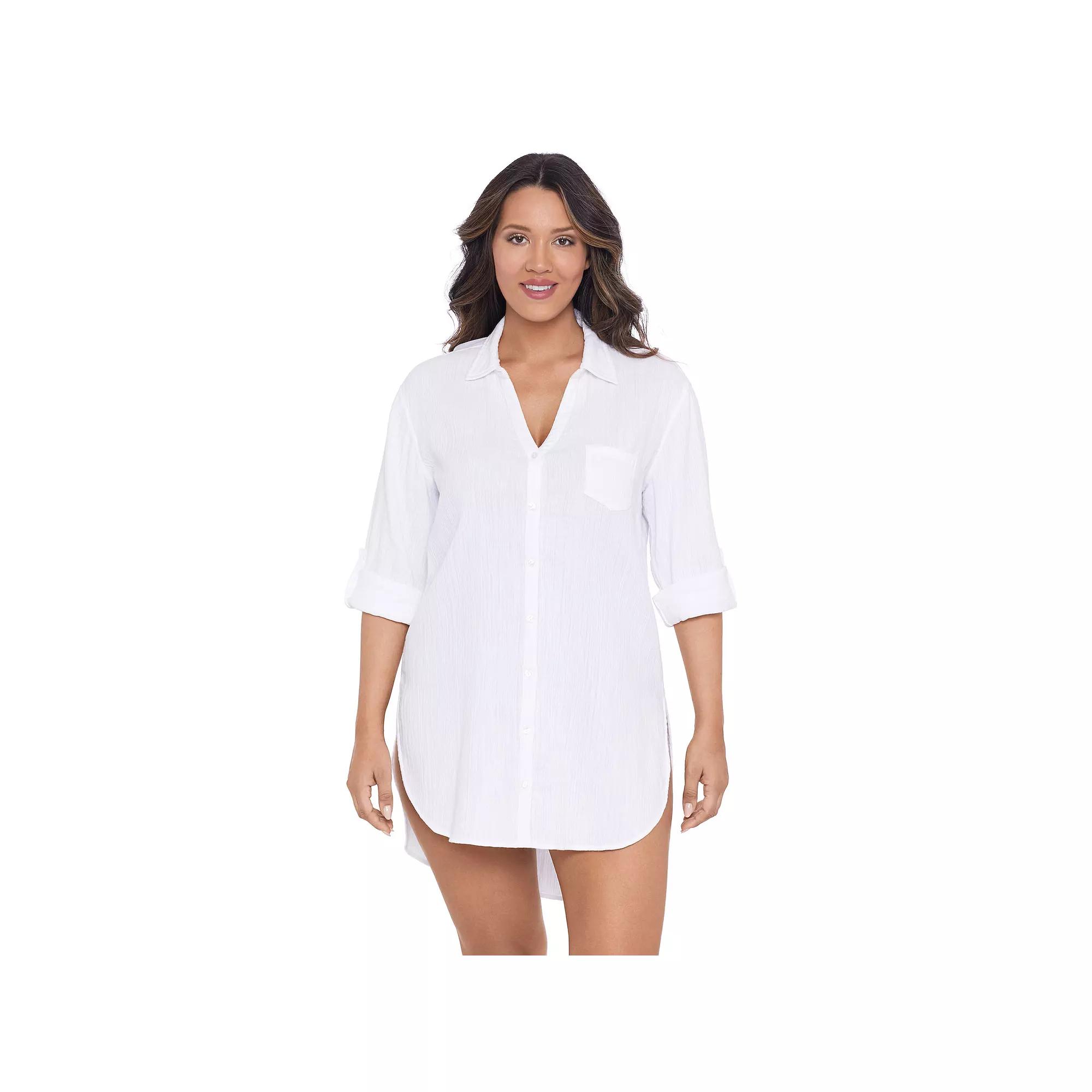 Women's Trimshaper Solid Button Down Swim Cover Up Shirt, Size: Small, White Product Image