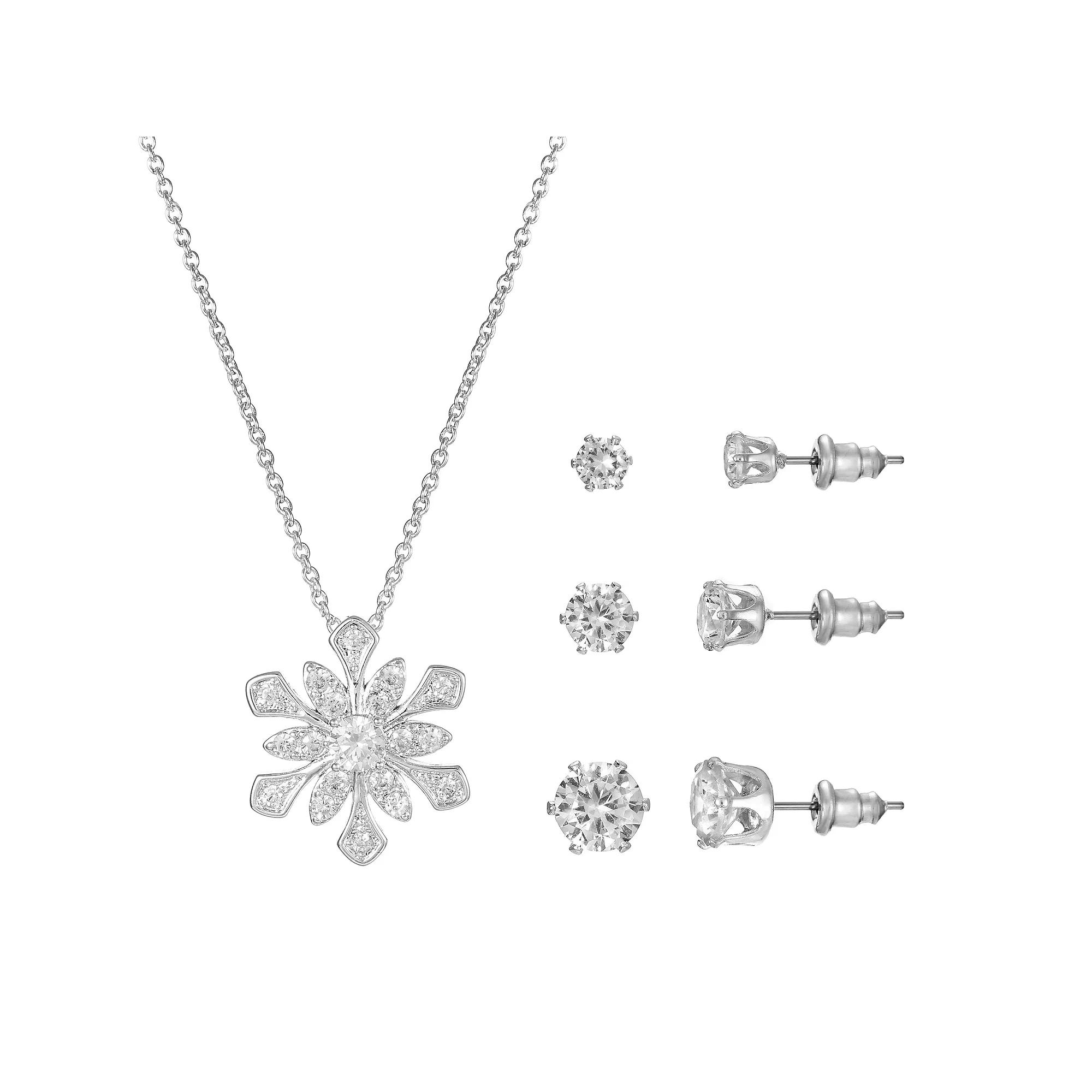Silver Tone Cubic Zirconia Necklace & Stud Earrings Trio Set, Women's, Size: 18+3", Silver Tone Clear Product Image
