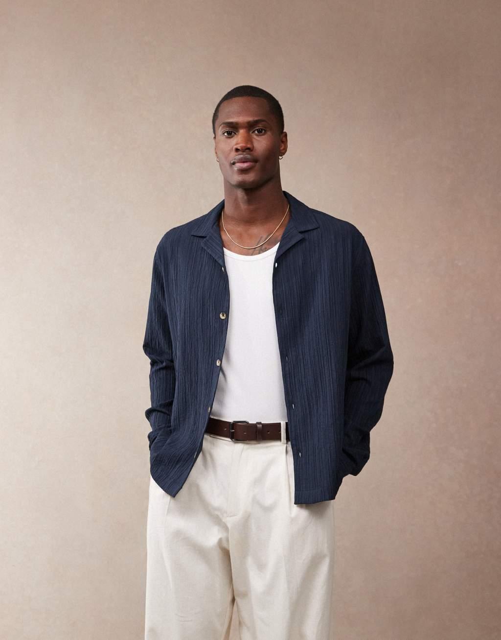 ASOS DESIGN boxy textured regular shirt in navy Product Image