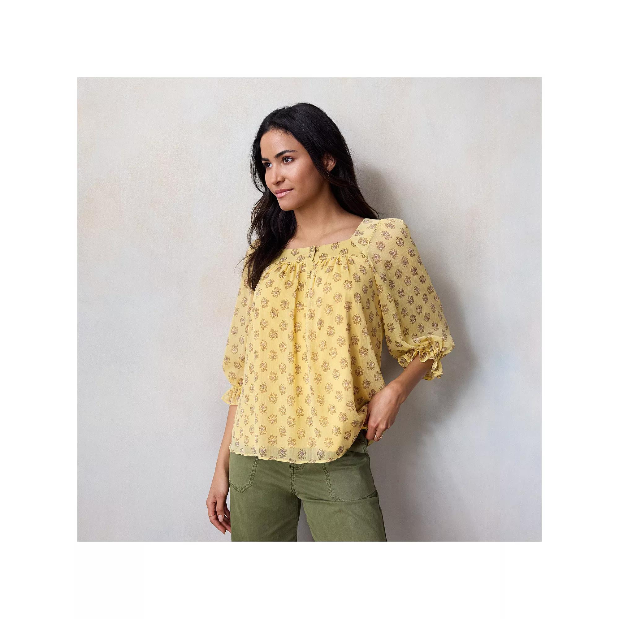 Women's LC Lauren Conrad Henley Puff Sleeve Peasant Top, Size: Medium, Golden Ana Flora Product Image