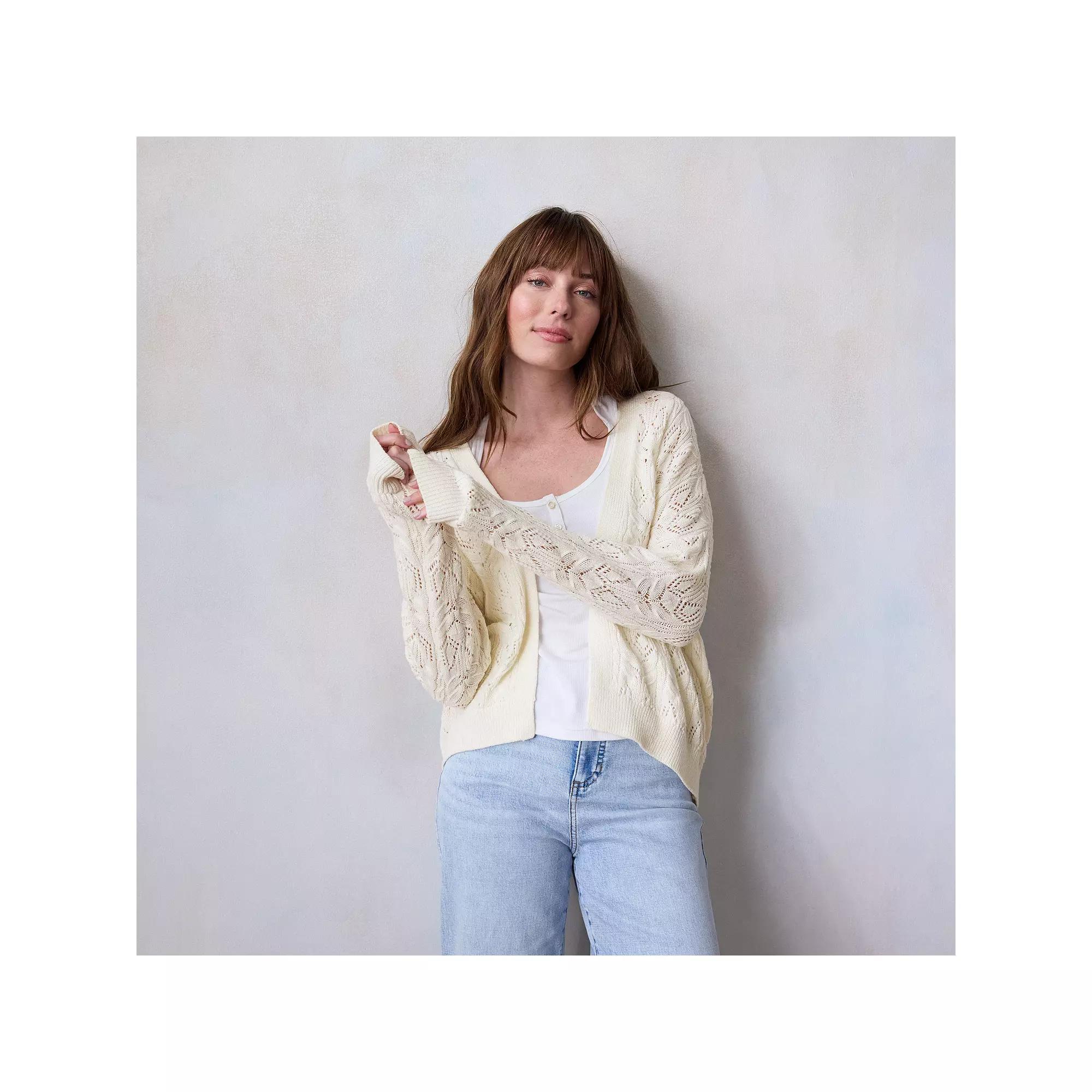 Petite LC Lauren Conrad Pointelle Open Cardigan, Women's, Size: XL Petite, Ivory Silk Product Image