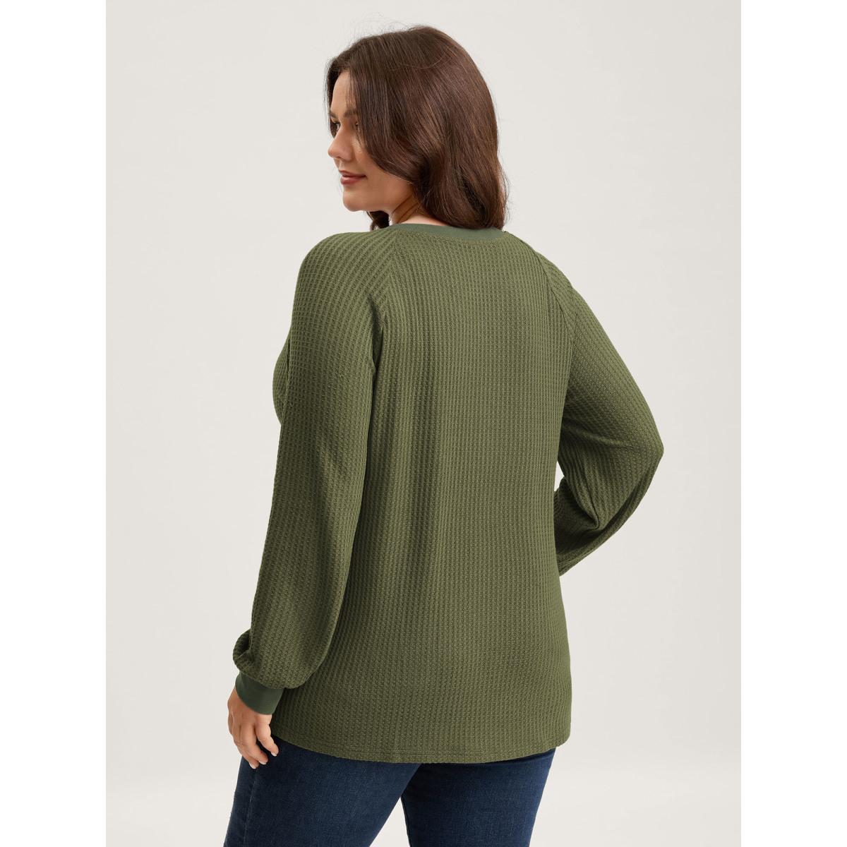 Plus Size Waffle Grid Notched Collar Lace Sweatshirt Women ArmyGreen Leisure Woven ribbon&lace trim Flat collar with V-notch Casual Sweatshirts BloomChic 14-16/1X Product Image