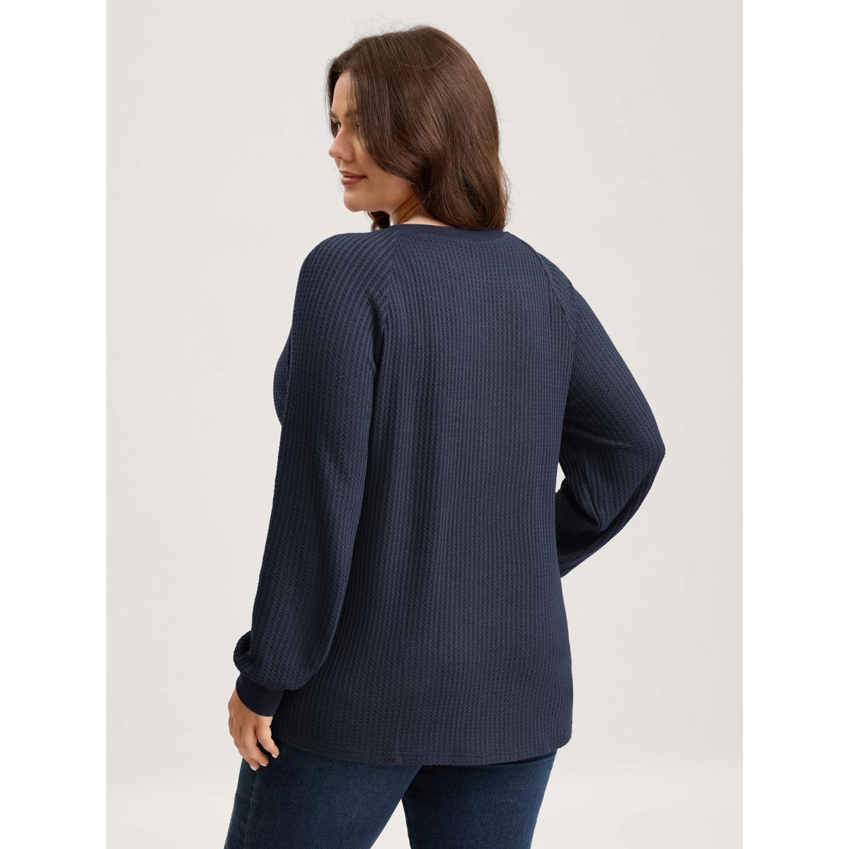 Plus Size Waffle Grid Notched Collar Lace Sweatshirt Women Black Leisure Woven ribbon&lace trim Flat collar with V-notch Casual Sweatshirts BloomChic 12/L Product Image