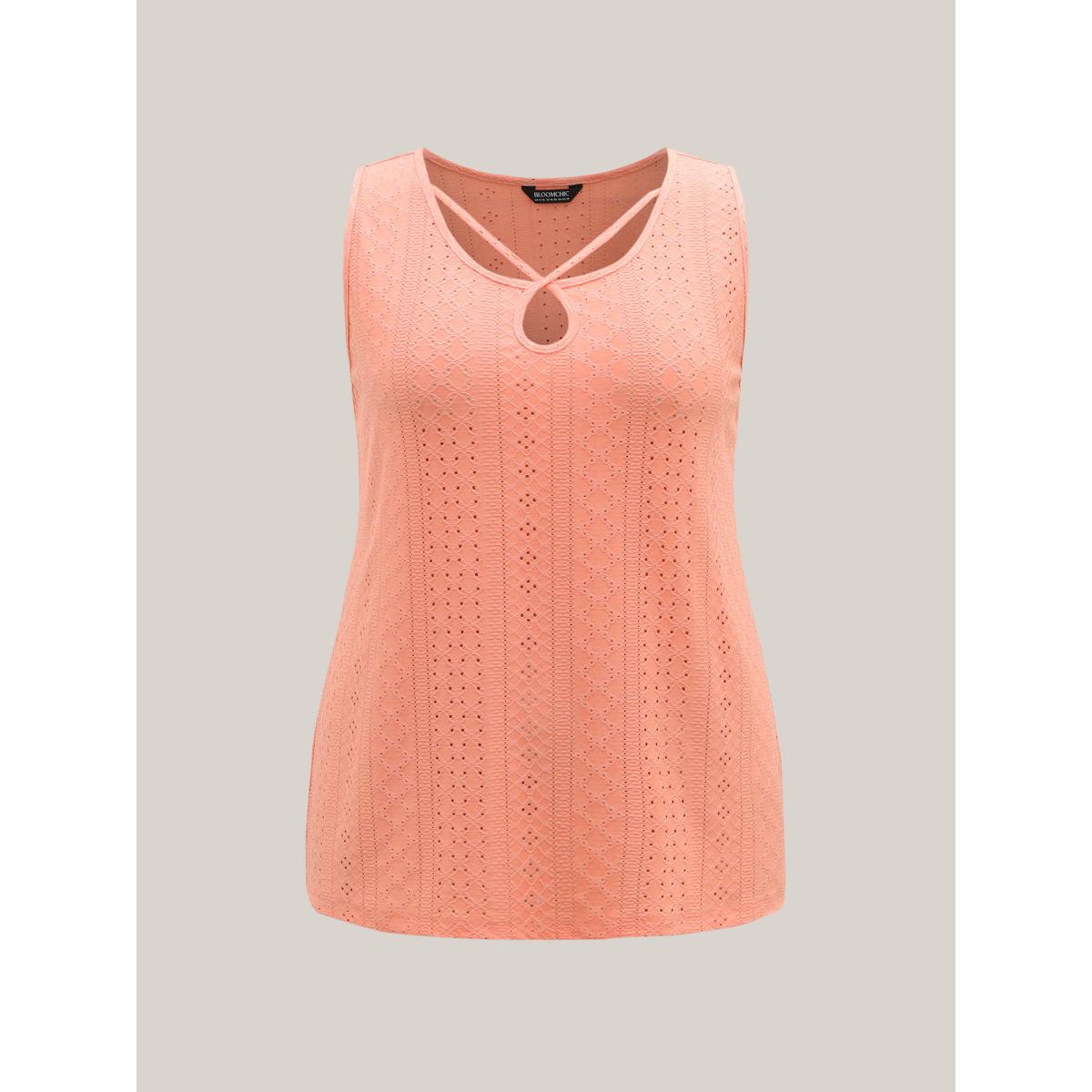 Plus Size Neck Keyhole Fitted Sleeveless Top Women Coral Casual Texture Round Neck Everyday Tank Tops Camis BloomChic 12/L Product Image