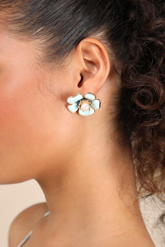 Soraya Light Blue Flower Pearl Stud Earrings Product Image