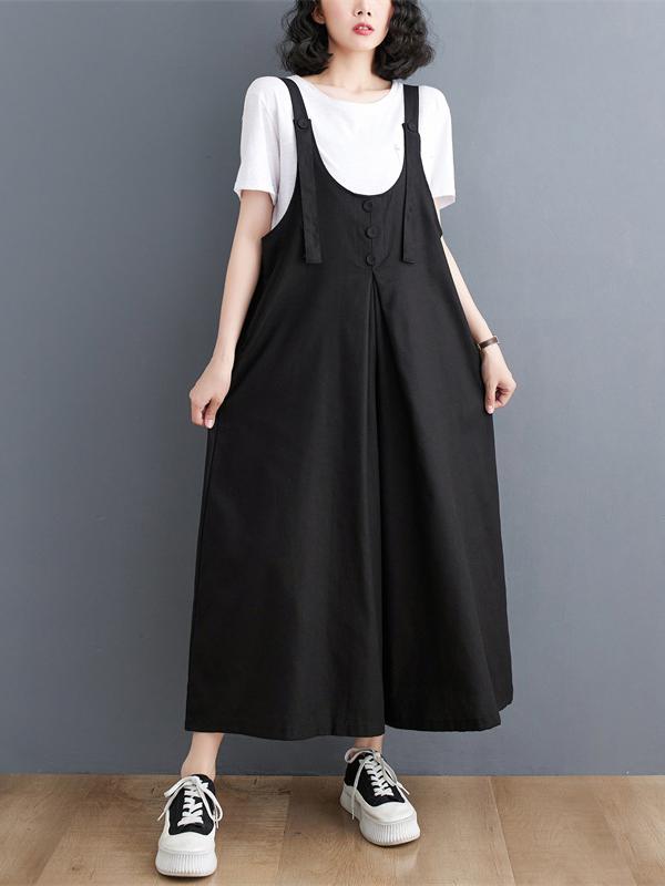 Ninth Pants Wide Leg Buttoned Solid Color Spaghetti-Neck Overalls Product Image