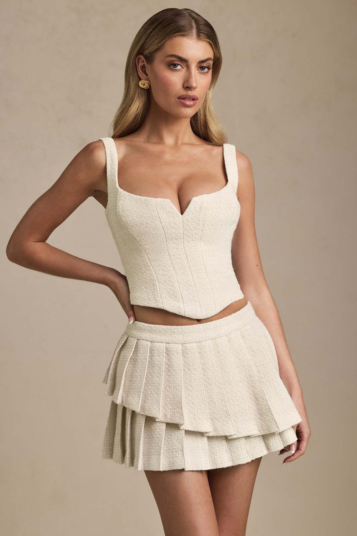 Layered Pleated Low-Rise Mini Skirt in Ivory Product Image