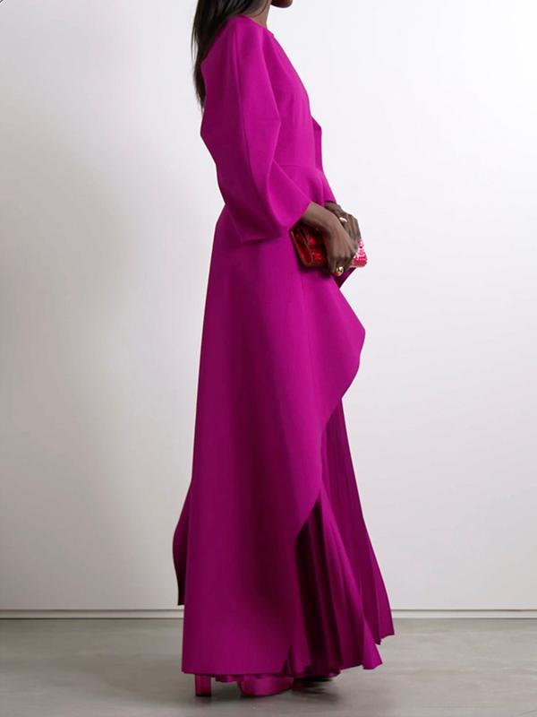 Long Sleeves Loose Pleated Solid Color Split-Joint Tiered Round-Neck Maxi Dresses Product Image