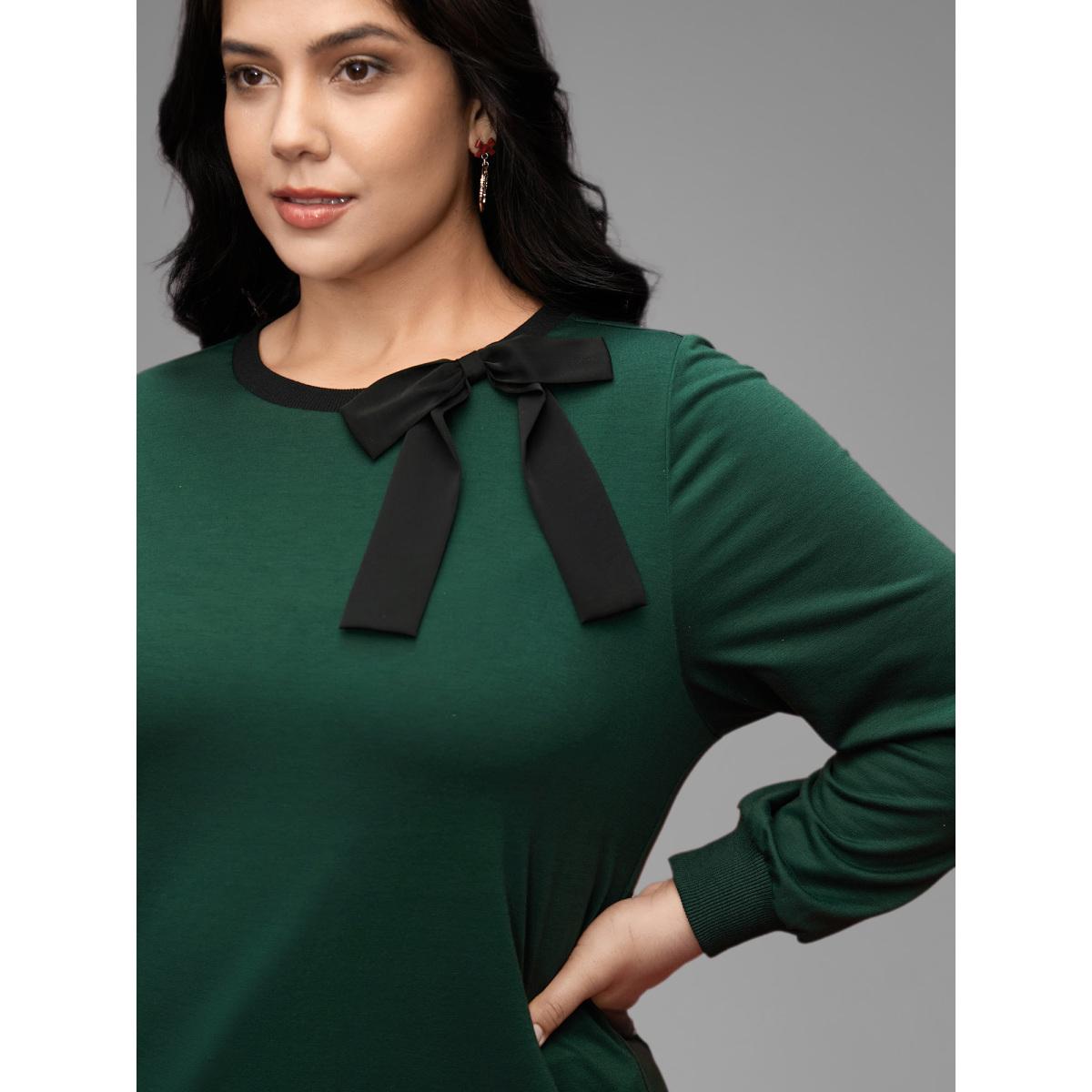 Plus Size Bow-tie Detailing High Neck Sweatshirt Women DarkGreen Leisure Contrast Round Neck Casual Sweatshirts BloomChic 14-16/1X Product Image