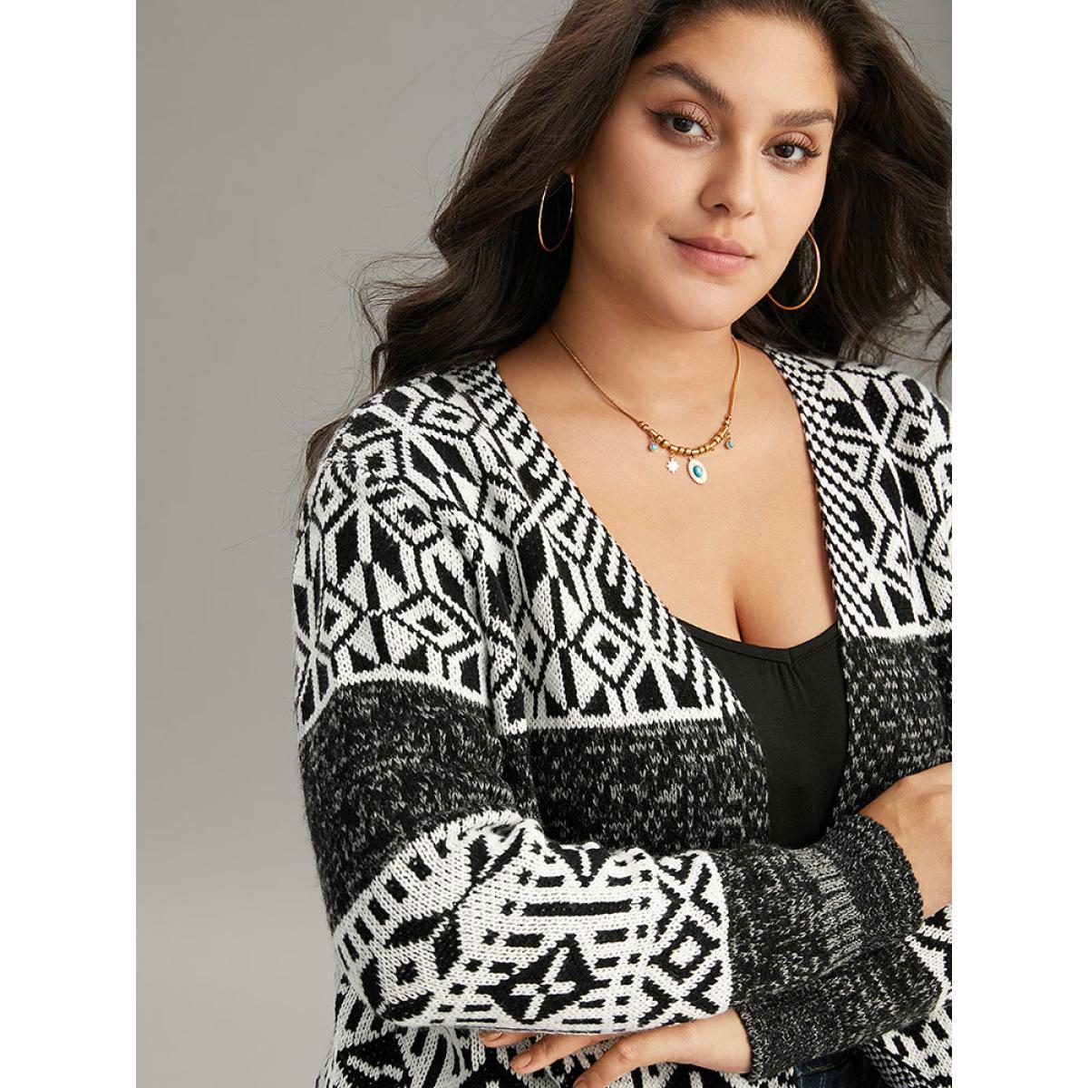 Plus Size Boho Print Heather Jacquard Cardigan Black Women Casual Loose Long Sleeve Dailywear Cardigans BloomChic 18-20/2X Product Image