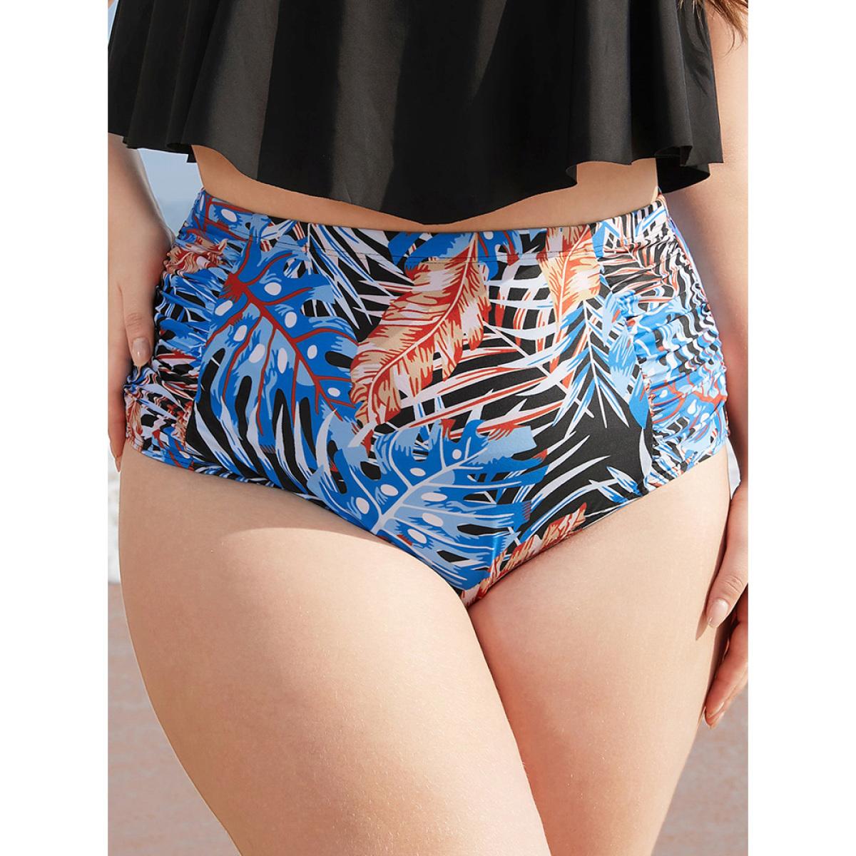 Plus Size Tropical Print High Waist Ruched Detail Bikini Bottom Women's Swimwear Multicolor Vacation Gathered High stretch Skinny High Rise Curve Swim Bottoms BloomChic 12/L Product Image