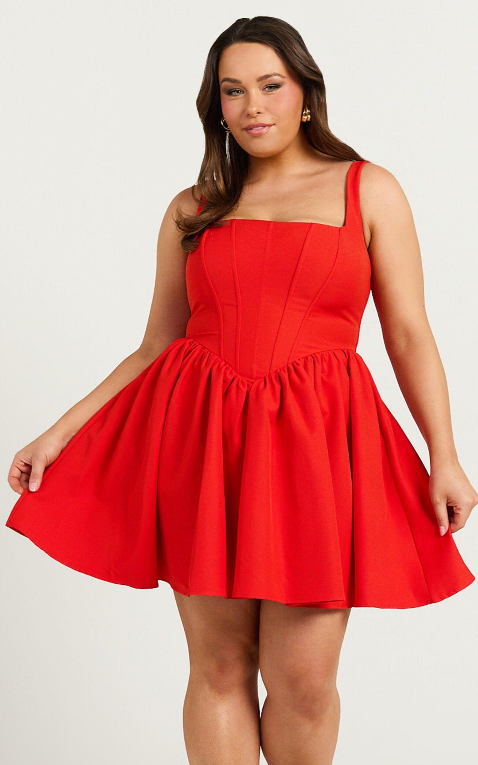 Aimee Mini Dress - Scoop Neck Corset Gathered Dress in Red Product Image
