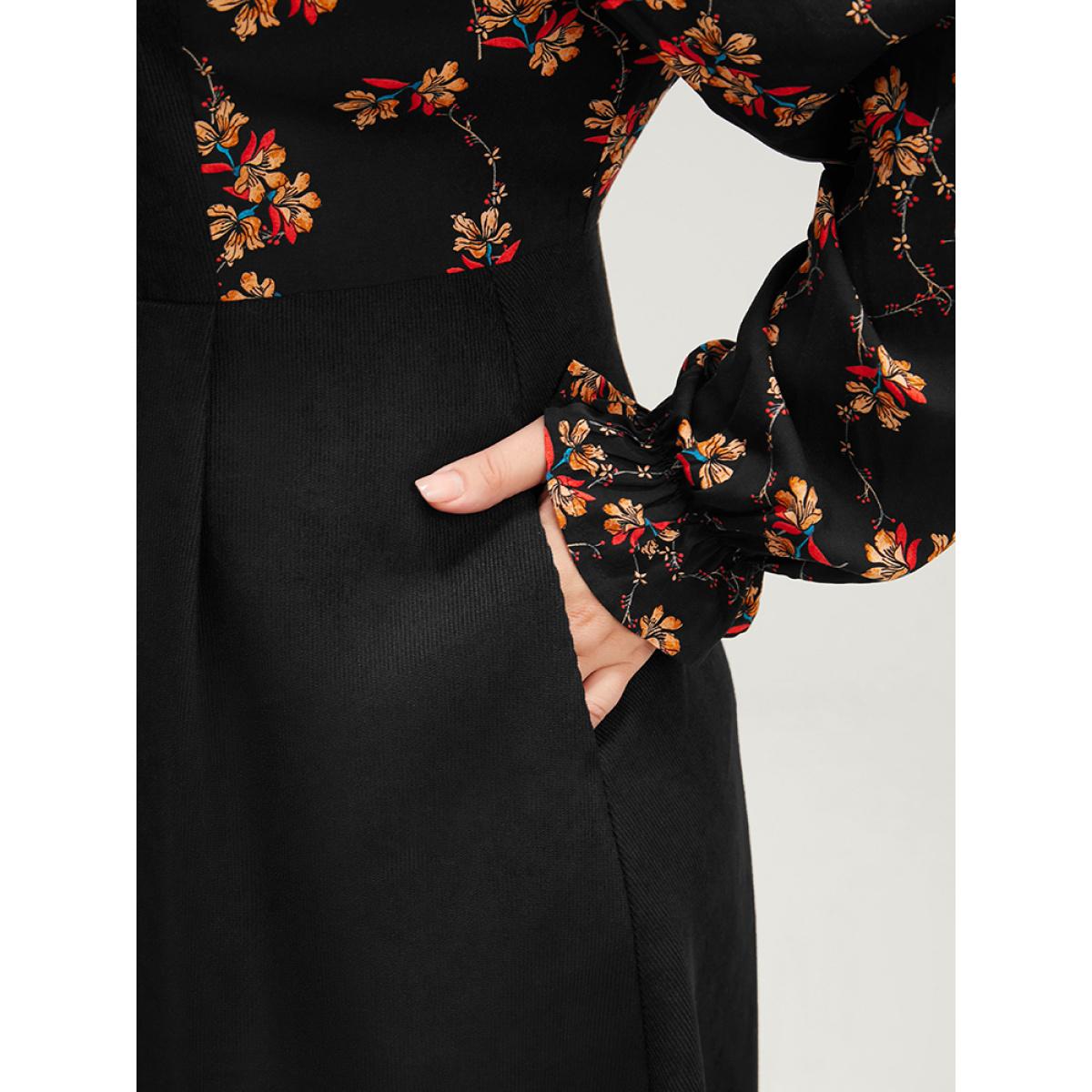 Plus Size Floral Patchwork Ruffle Trim Pocket Zipper Dress Black Women Elegant Zipper Stand-up collar Long Sleeve Curvy Midi Dress BloomChic 12/L Product Image