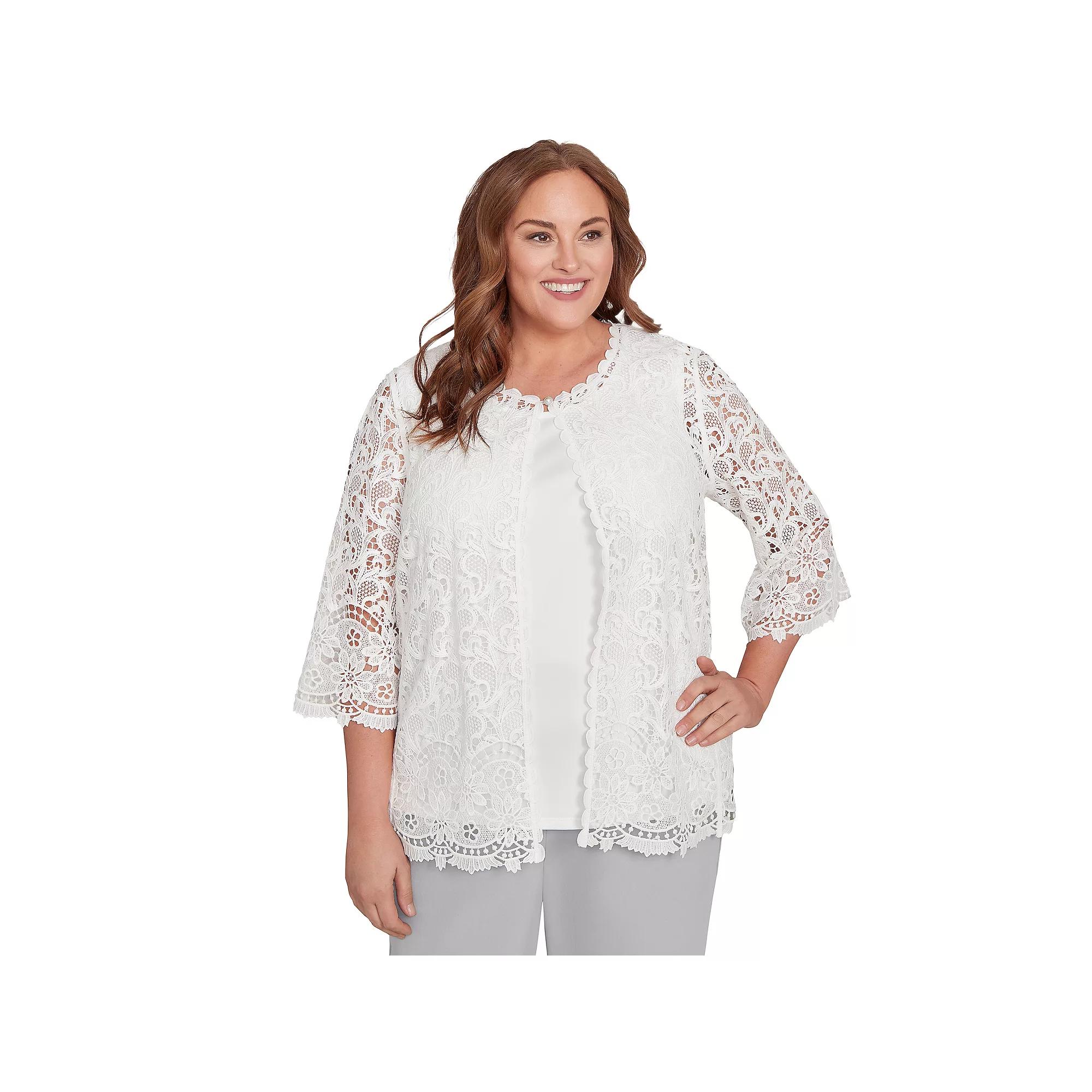 Plus Size Alfred Dunner Embellished Lace Two-in-One Top, Women's, Size: 1XL, Oyster Product Image